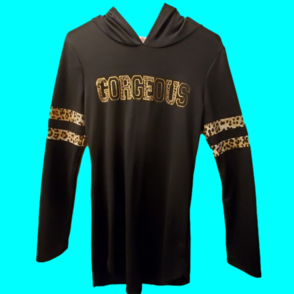 Womens long sleeve black/ gold hooded Madrag shirt Says Gorgeous